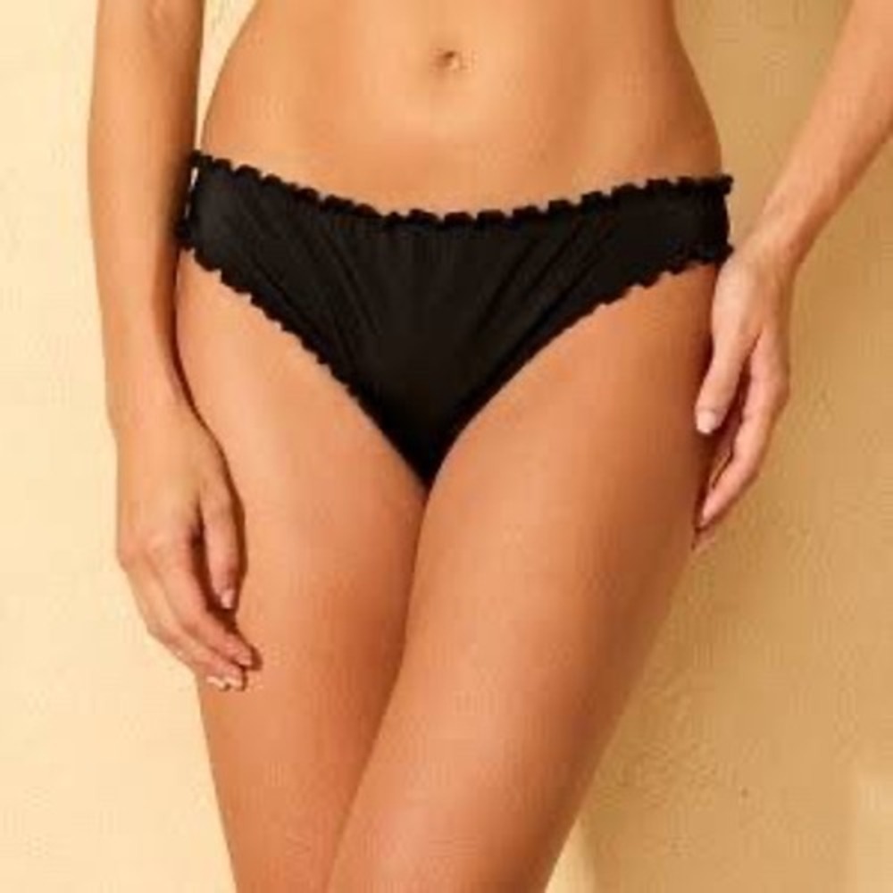 Shade & Shore Black Ruffle Cheeky Bikini Bottom Low Rise Ruched Back S 4-6 NEW